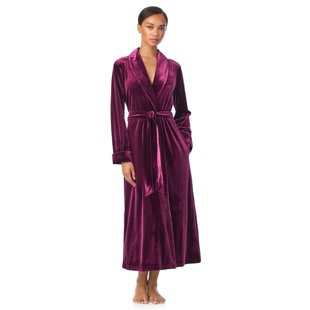 Lauren Ralph Lauren Burgundy Shawl Monogram Crushed Velvet Robe Long Womens Sz M